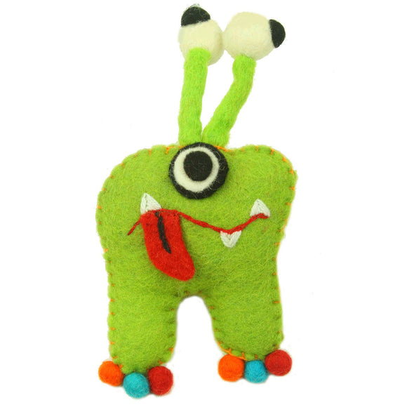 Hand Felted Green Tooth Monster with Bug Eyes Handmade and Fair Trade