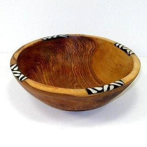 Handcarved Olive Wood Bowl 9 inch with Inlaid Bone Handmade and Fair Trade